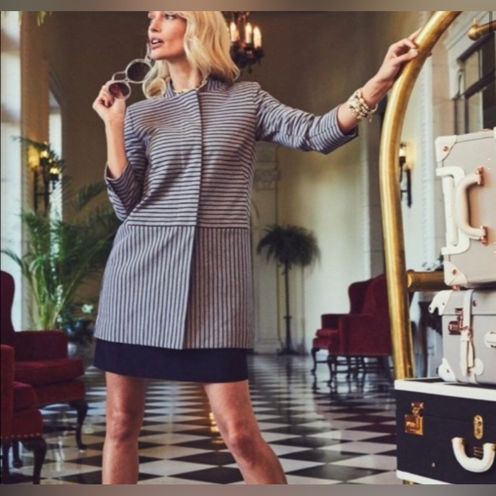 CAbi #5474 Car Coat Dapple Stripe Gray Blue Jacket Blazer Trench Pockets Knit